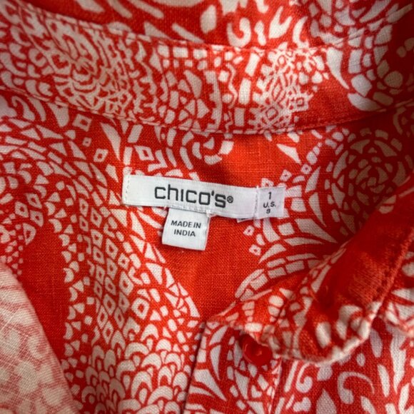 Chico's Womens Red White Paisley Print Linen Short Sleeve Shirt Dress Size 1 - Picture 3 of 9